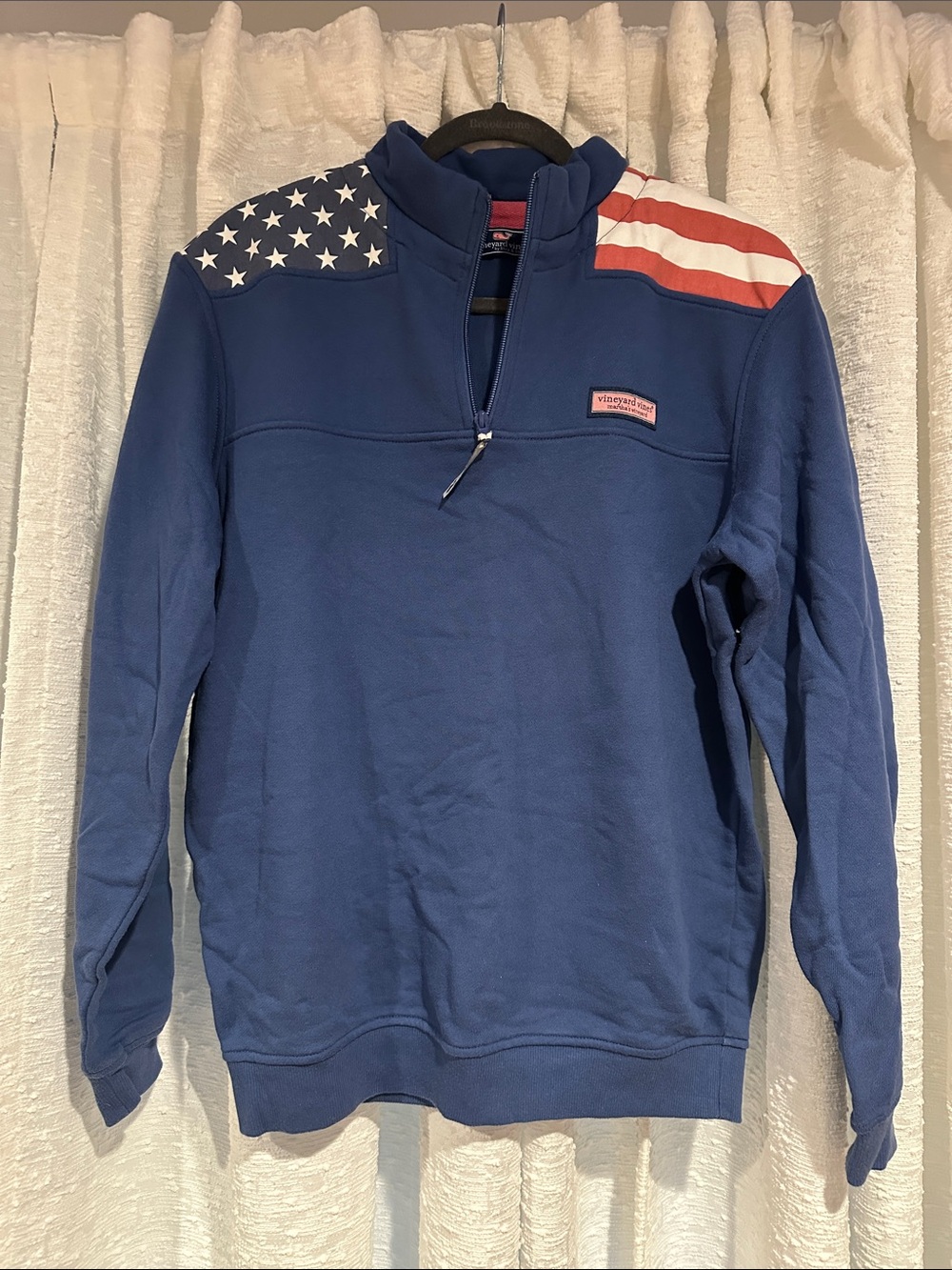 Vineyard Vines Men's Blue Half-Zip Pullover with American Flag Panels - Small